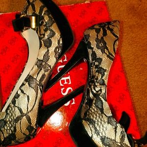 Guess black lace open toe shoes